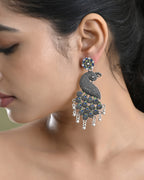 VOJ Silver Plated Oxidized Peacock Shaped Long Earrings | Grab2Buy