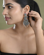 VOJ Silver Plated Oxidized Peacock Shaped Long Earrings | Grab2Buy