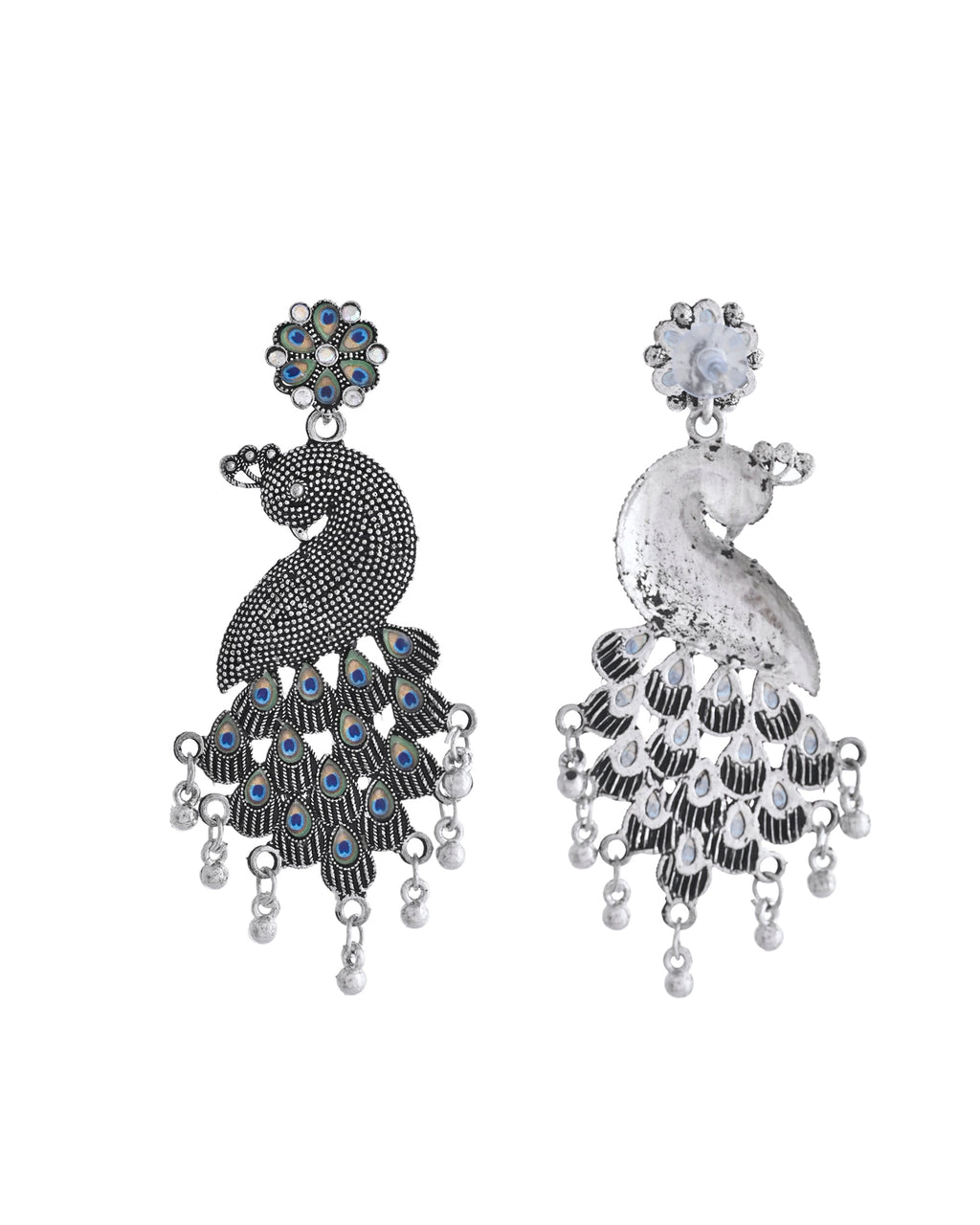 VOJ Silver Plated Oxidized Peacock Shaped Long Earrings | Grab2Buy