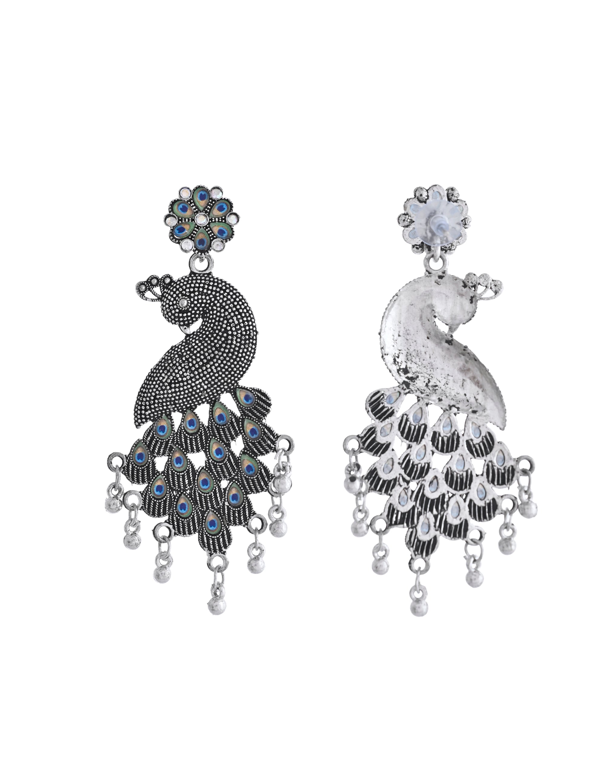VOJ Silver Plated Oxidized Peacock Shaped Long Earrings | Grab2Buy
