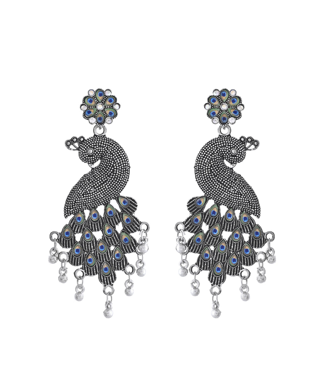 VOJ Silver Plated Oxidized Peacock Shaped Long Earrings | Grab2Buy