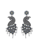 VOJ Silver Plated Oxidized Peacock Shaped Long Earrings | Grab2Buy