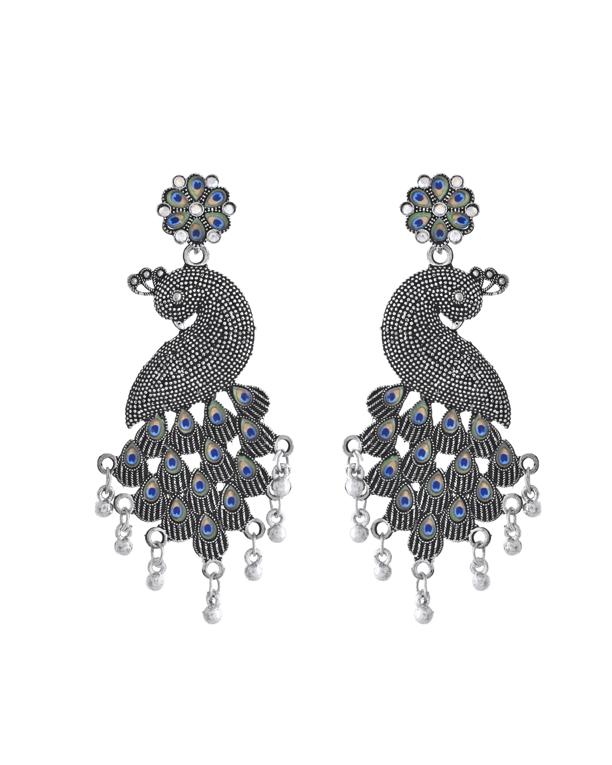 VOJ Silver Plated Oxidized Peacock Shaped Long Earrings | Grab2Buy