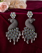 VOJ Silver Plated Oxidized Peacock Shaped Long Earrings | Grab2Buy