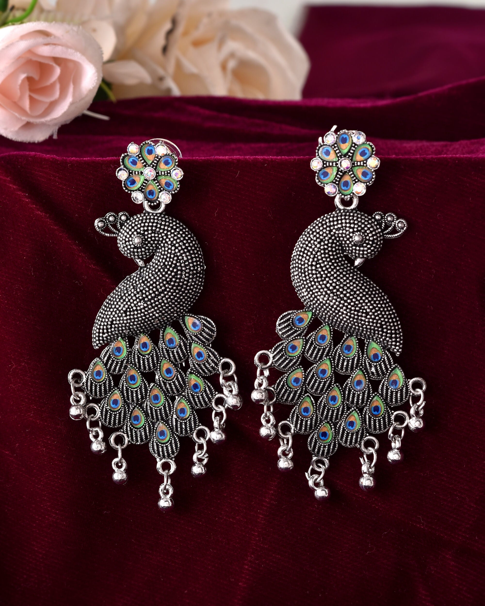 VOJ Silver Plated Oxidized Peacock Shaped Long Earrings | Grab2Buy