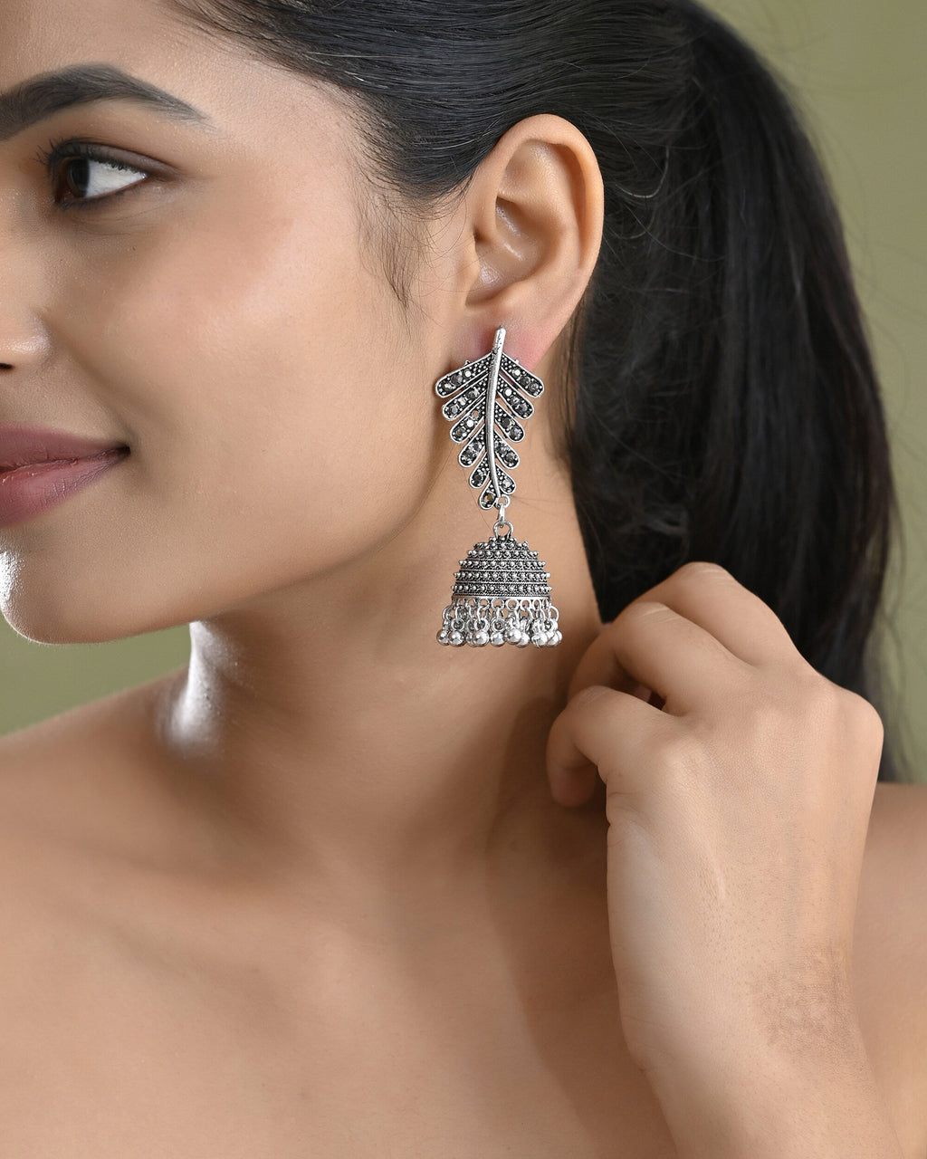 VOJ Silver Plated Oxidized Stone Studded Leaf Shaped Long Earrings | Grab2Buy