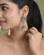 VOJ Silver Plated Oxidized Stone Studded Leaf Shaped Long Earrings | Grab2Buy