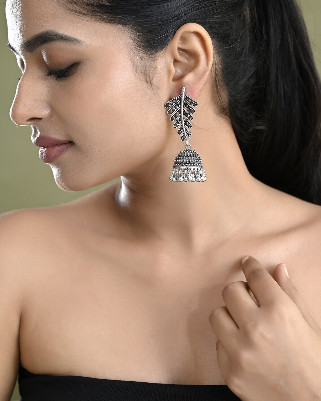 VOJ Silver Plated Oxidized Stone Studded Leaf Shaped Long Earrings | Grab2Buy