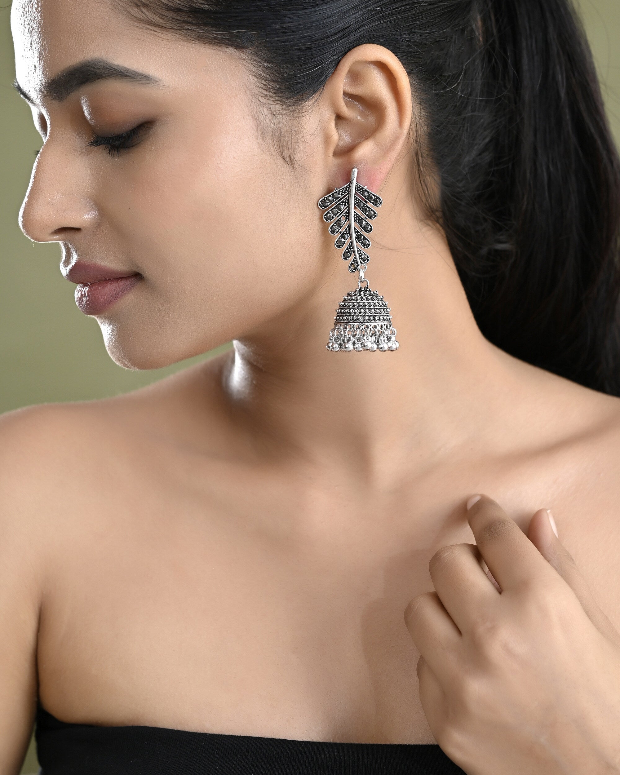VOJ Silver Plated Oxidized Stone Studded Leaf Shaped Long Earrings | Grab2Buy