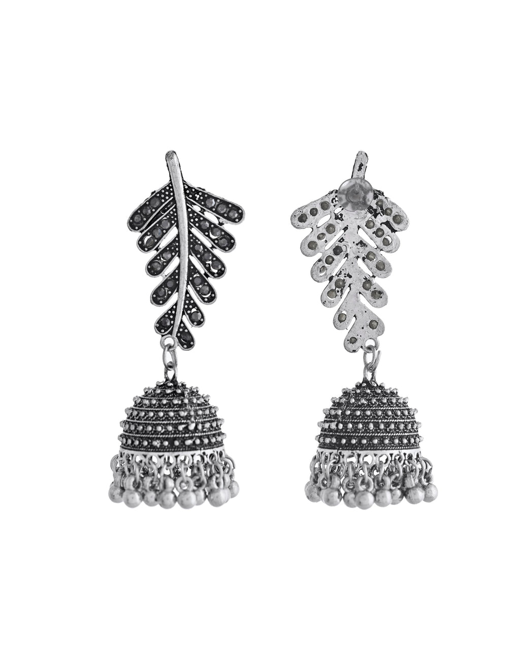 VOJ Silver Plated Oxidized Stone Studded Leaf Shaped Long Earrings | Grab2Buy