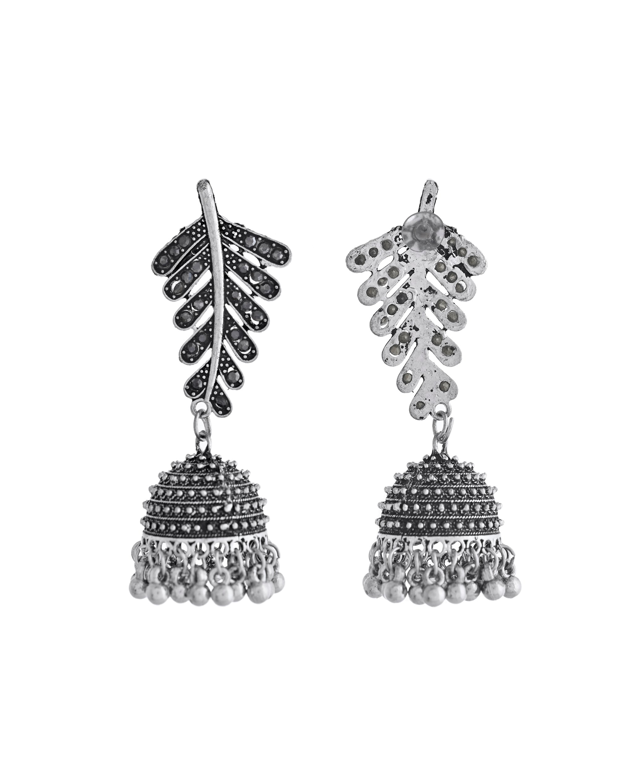 VOJ Silver Plated Oxidized Stone Studded Leaf Shaped Long Earrings | Grab2Buy