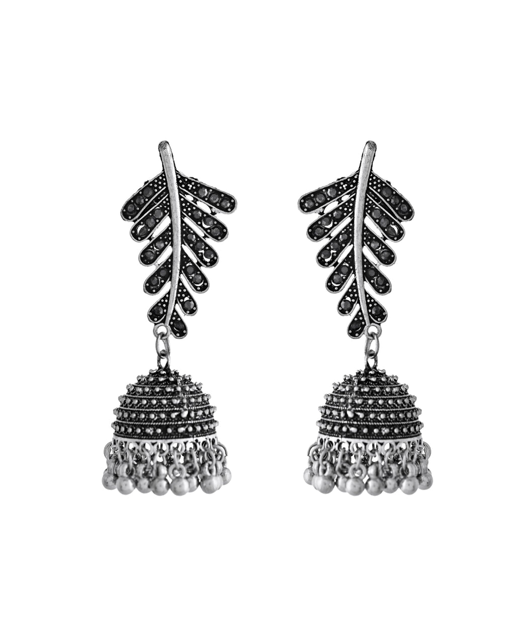 VOJ Silver Plated Oxidized Stone Studded Leaf Shaped Long Earrings | Grab2Buy