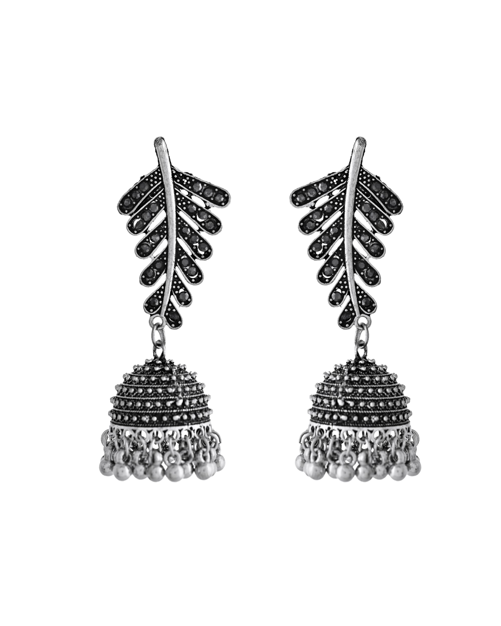 VOJ Silver Plated Oxidized Stone Studded Leaf Shaped Long Earrings | Grab2Buy