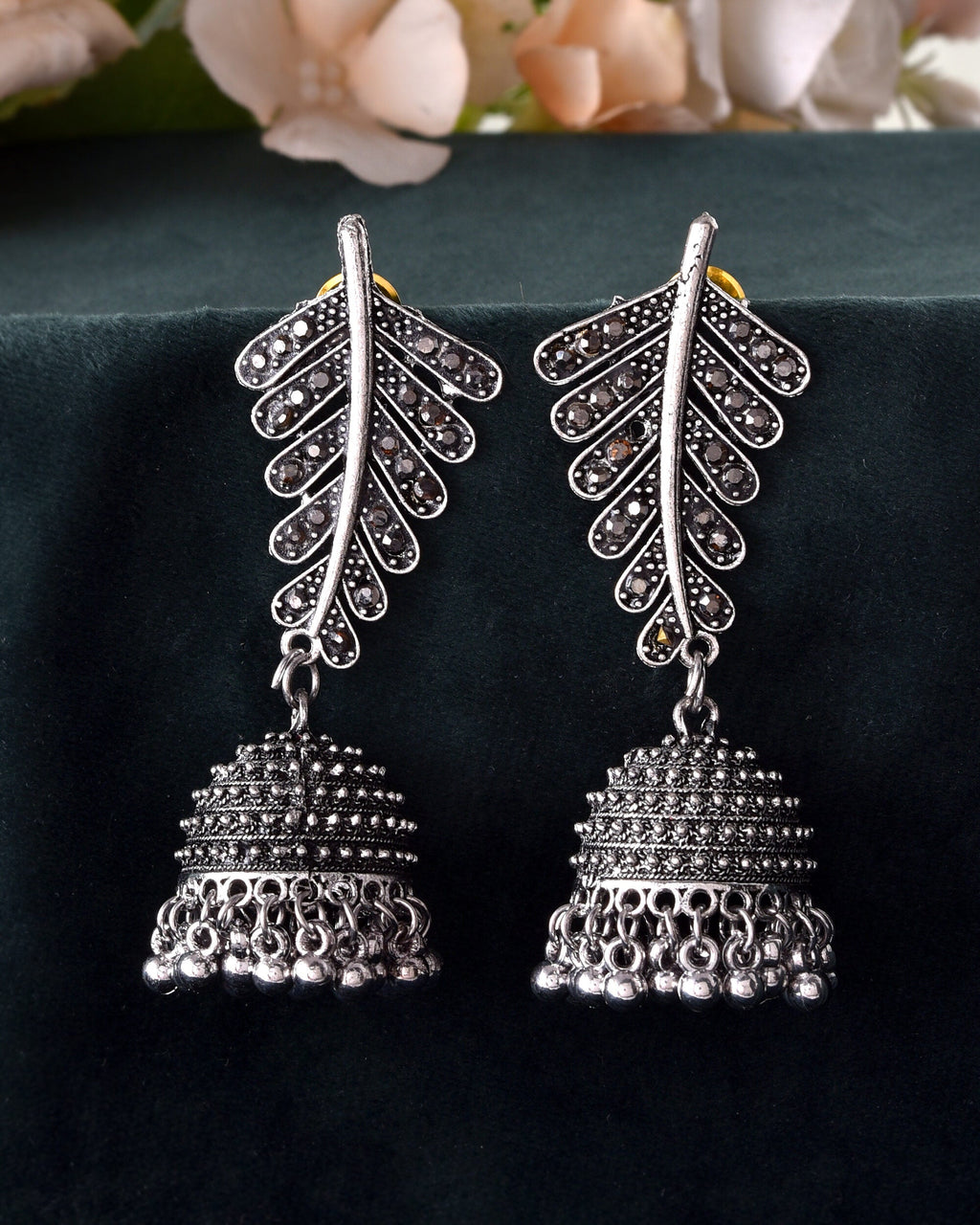 VOJ Silver Plated Oxidized Stone Studded Leaf Shaped Long Earrings | Grab2Buy