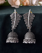 VOJ Silver Plated Oxidized Stone Studded Leaf Shaped Long Earrings | Grab2Buy