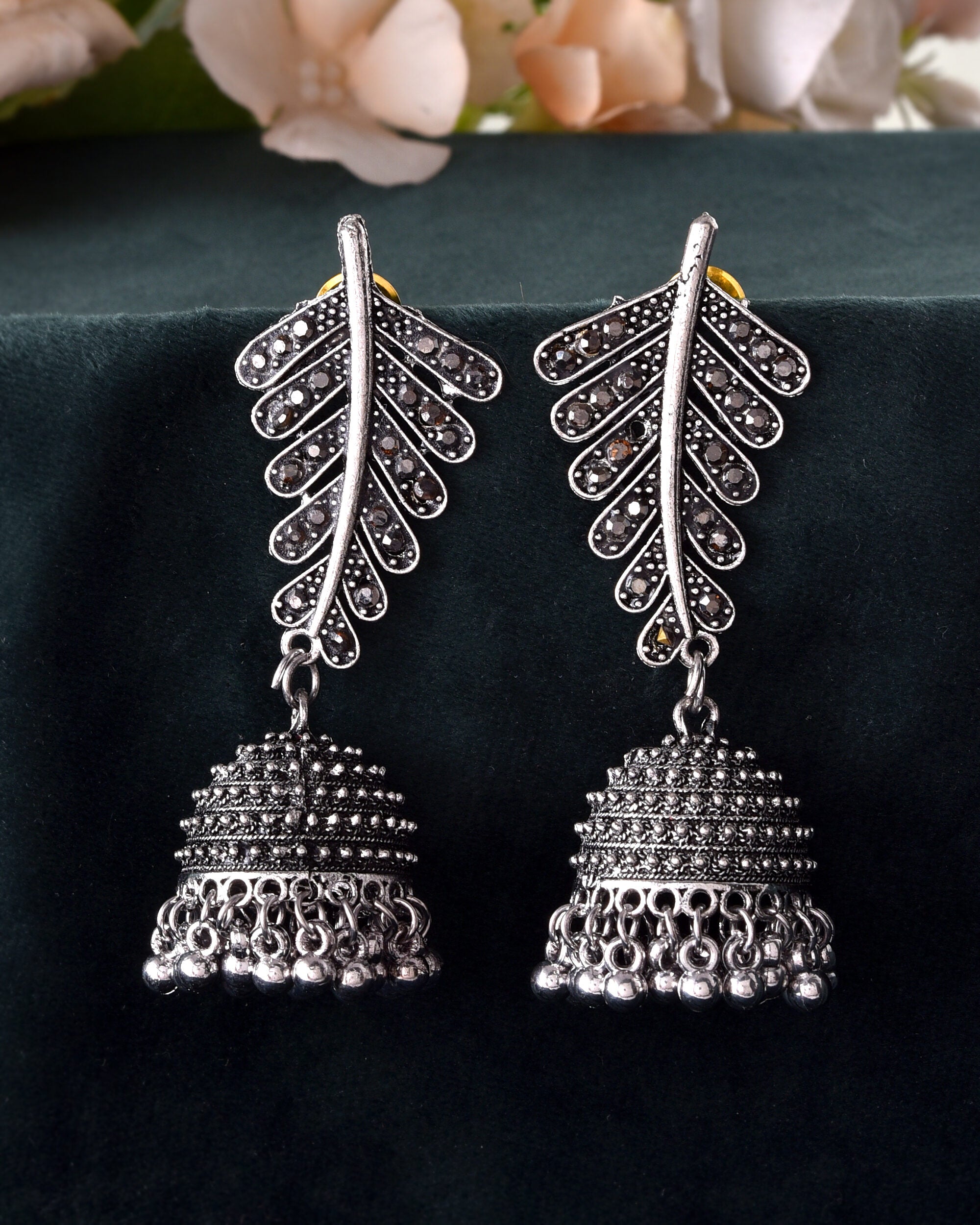 VOJ Silver Plated Oxidized Stone Studded Leaf Shaped Long Earrings | Grab2Buy