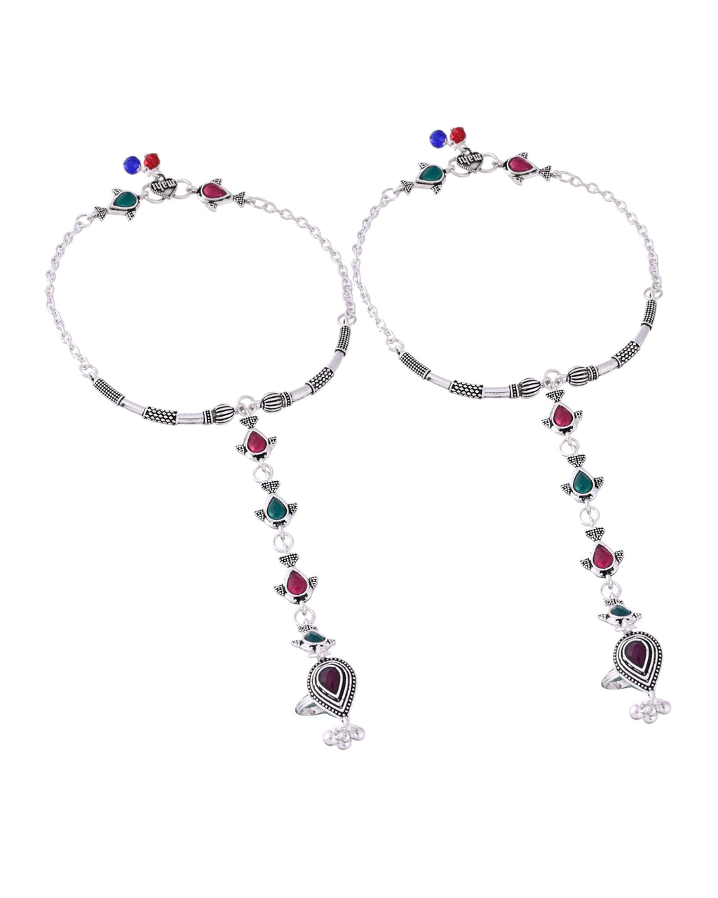 VOJ Set of 2 Silver Toned Meenakari Anklet With Toe Ring
