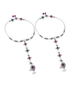VOJ Set of 2 Silver Toned Meenakari Anklet With Toe Ring