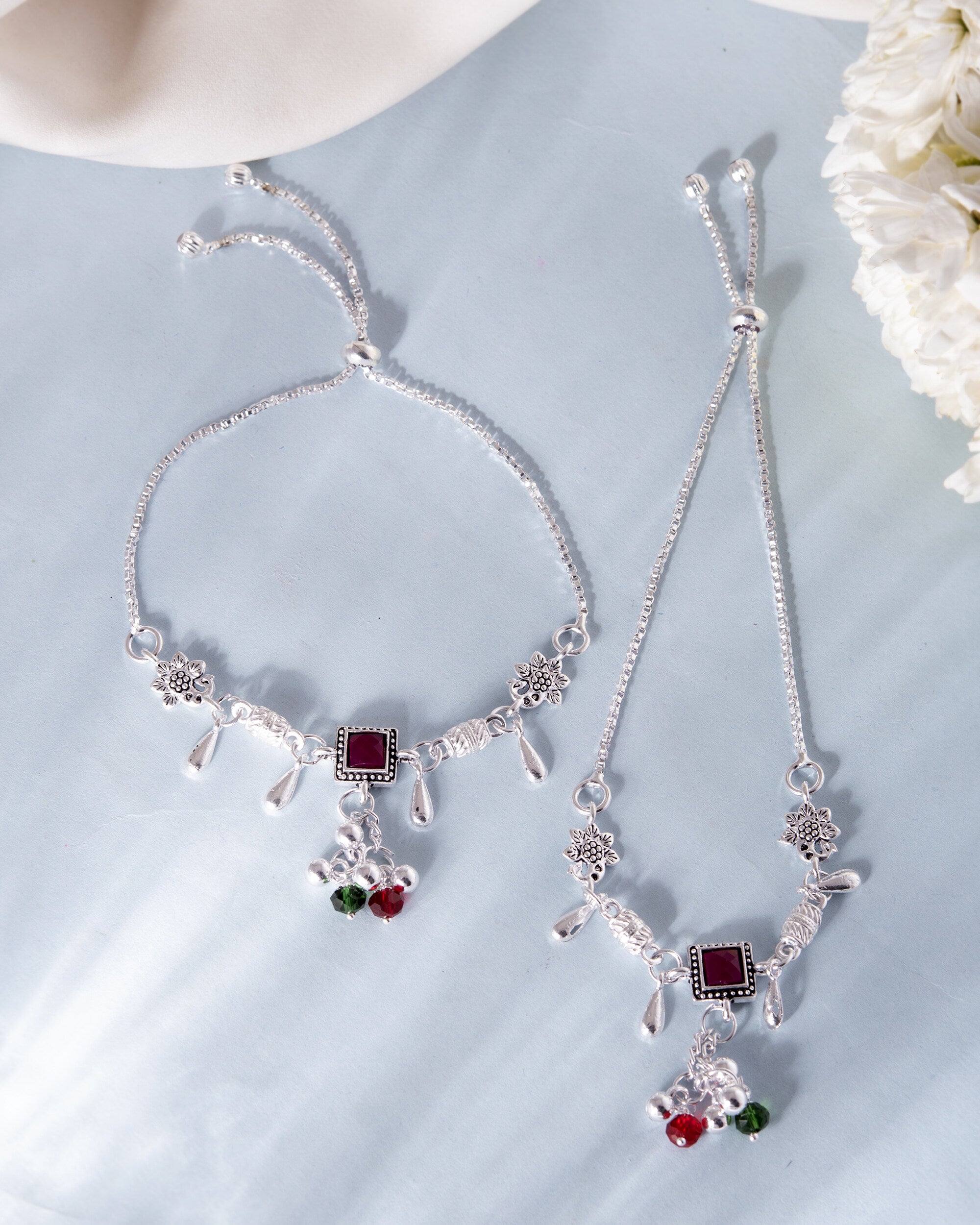 VOJ Set of 2 Silver Plated With Beads Anklet | Grab2Buy