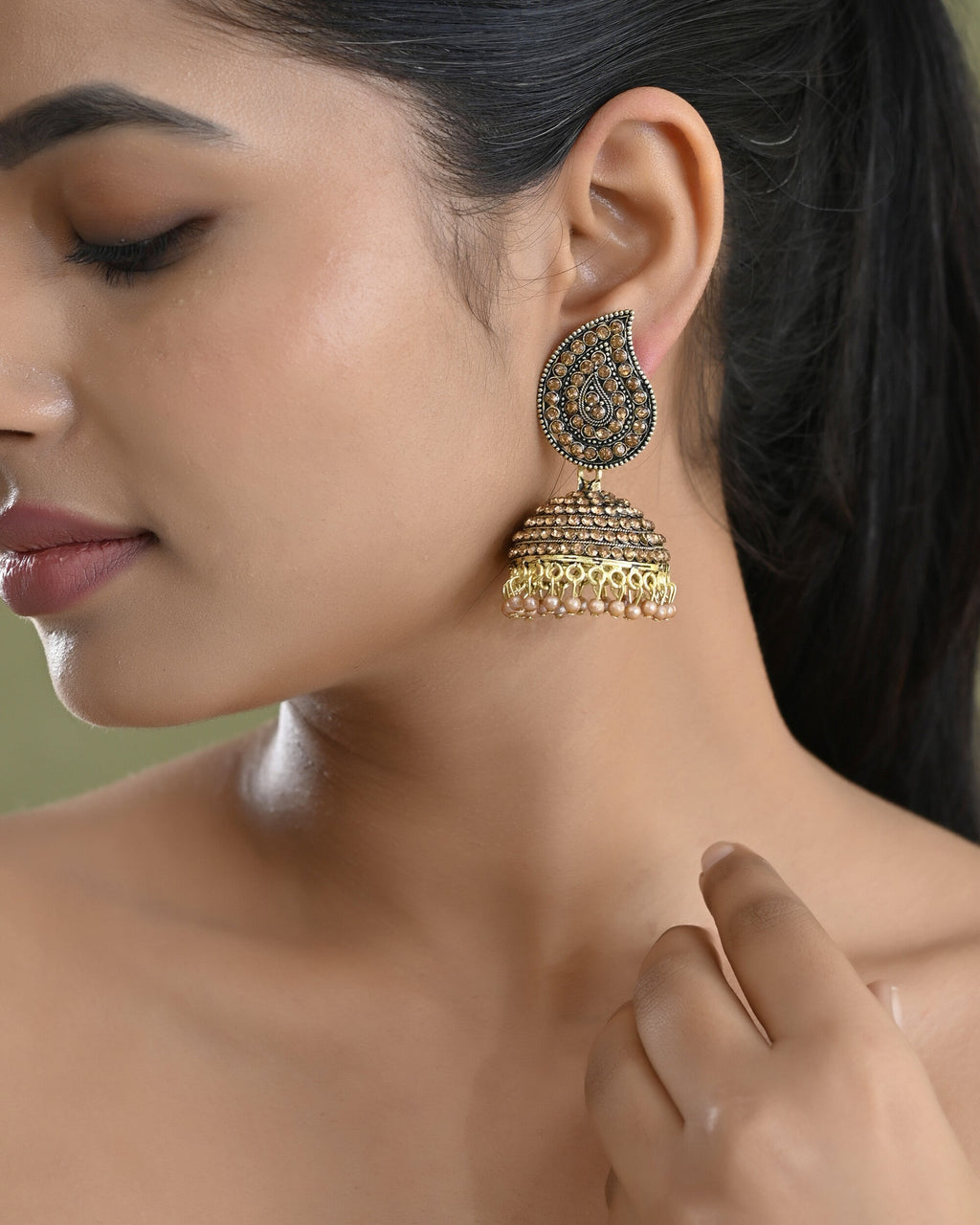 VOJ Gold Toned Stone Studded Done Shaped Jhumka Earrings | Grab2Buy
