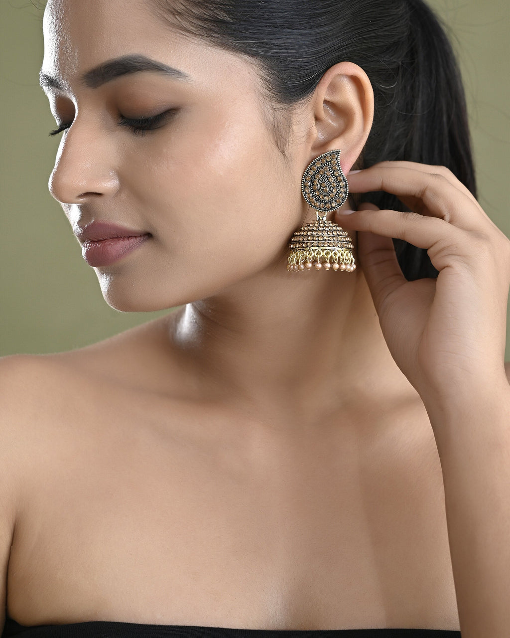 VOJ Gold Toned Stone Studded Done Shaped Jhumka Earrings | Grab2Buy