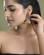 VOJ Gold Toned Stone Studded Done Shaped Jhumka Earrings | Grab2Buy