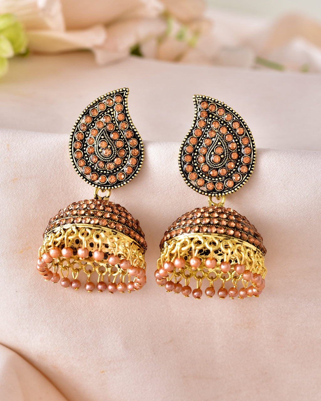 VOJ Gold Toned Stone Studded Done Shaped Jhumka Earrings | Grab2Buy