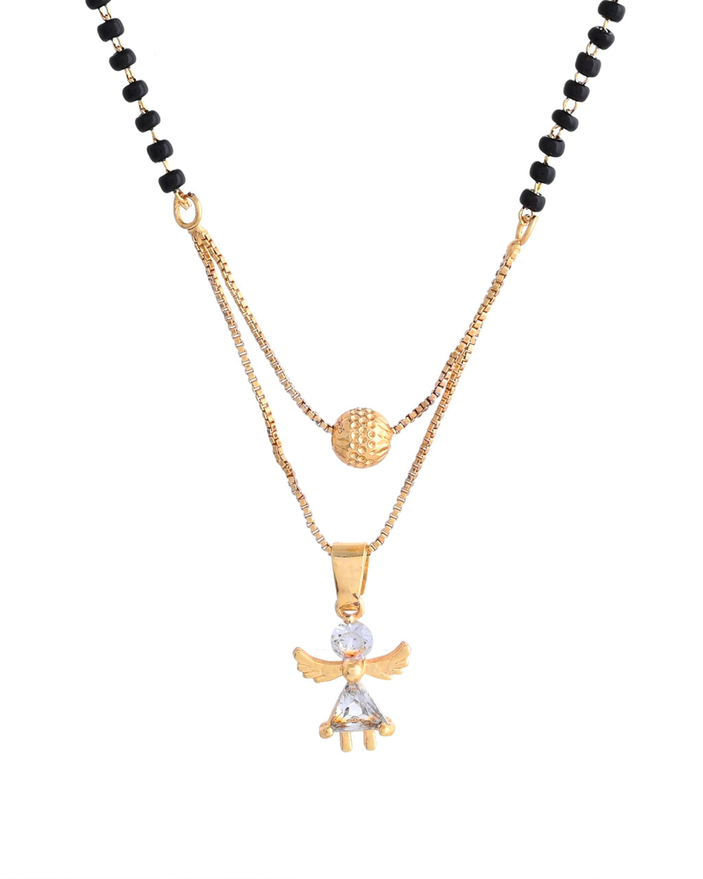 VOJ Gold-Polished Doll Shapped Stone Studded Mangalsutra With Earrings Set