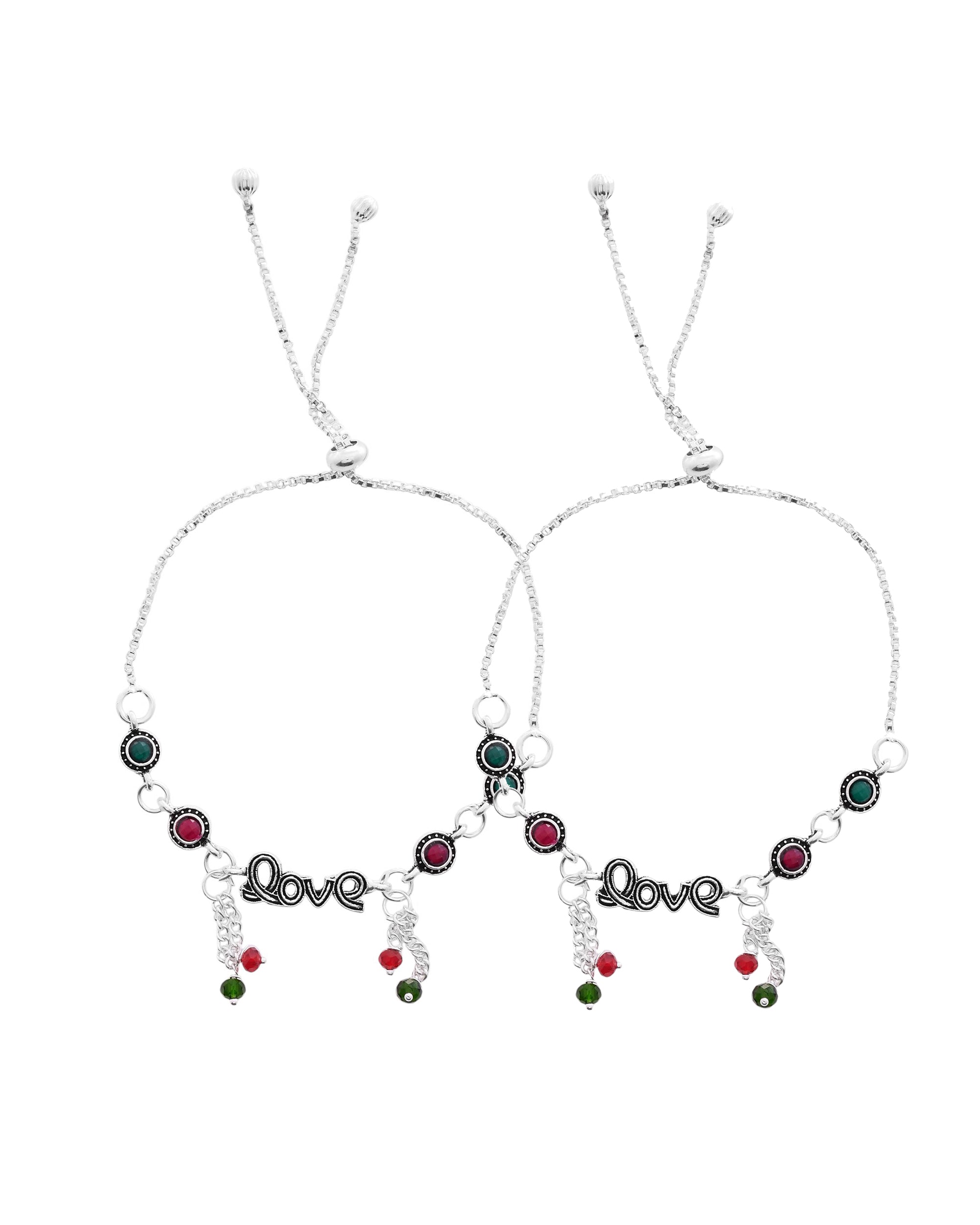 VOJ Set of 2 Silver Plated Love Meenakari Anklet