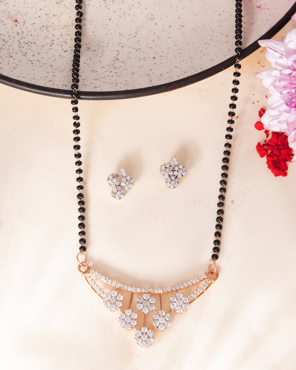 VOJ Rose Gold Toned AD Stone Studded Floral MangalSutra Set | Grab2Buy