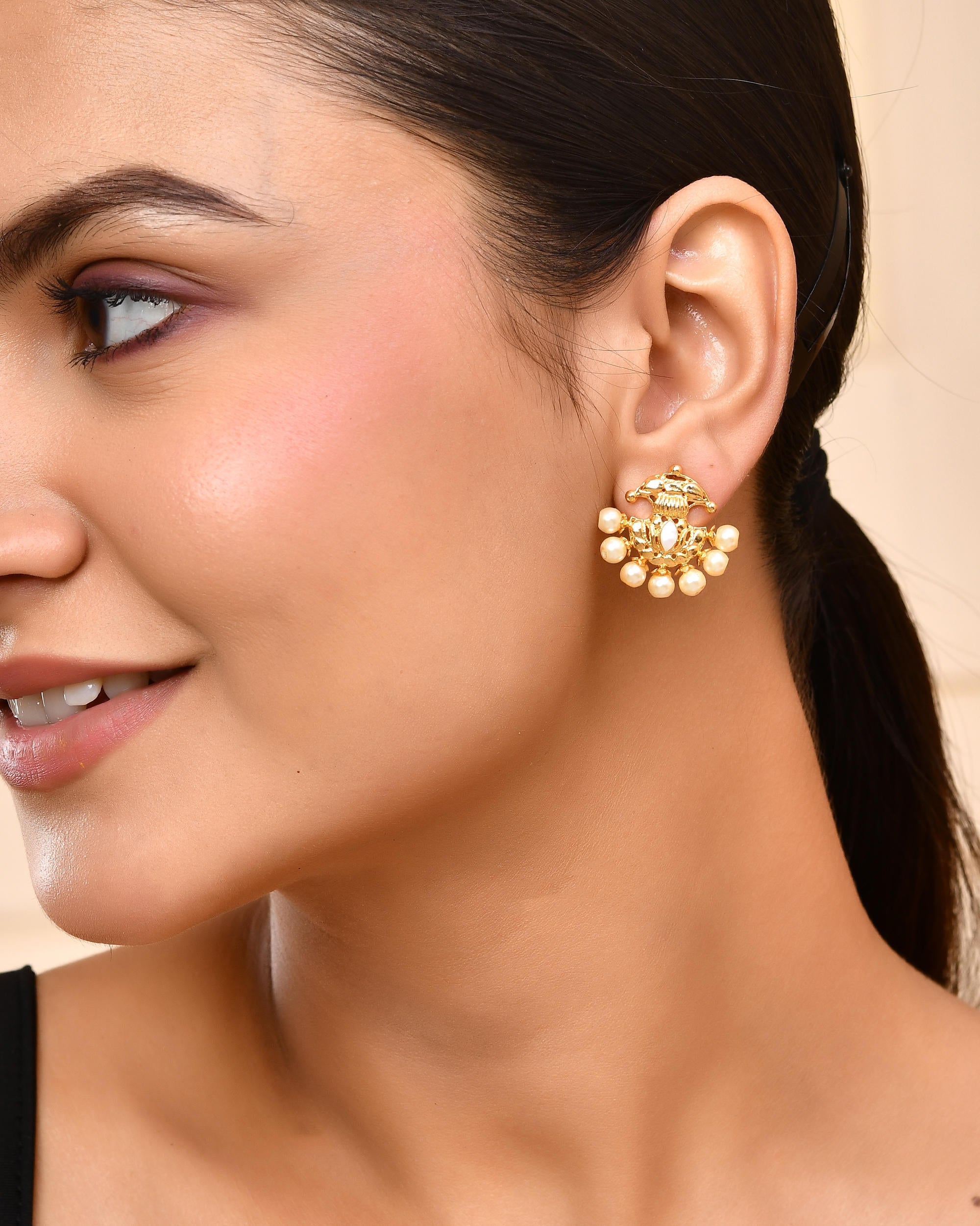 VOJ Gold-Polished Classic Pearl Studded Anti Tarnish Earrings | Grab2Buy