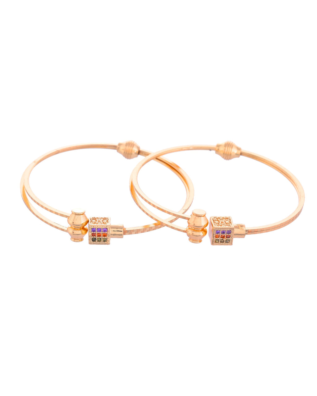 VOJ Set of 2 Gold-Polished Mutli Colour Stones Studded Square Shaped Bangles