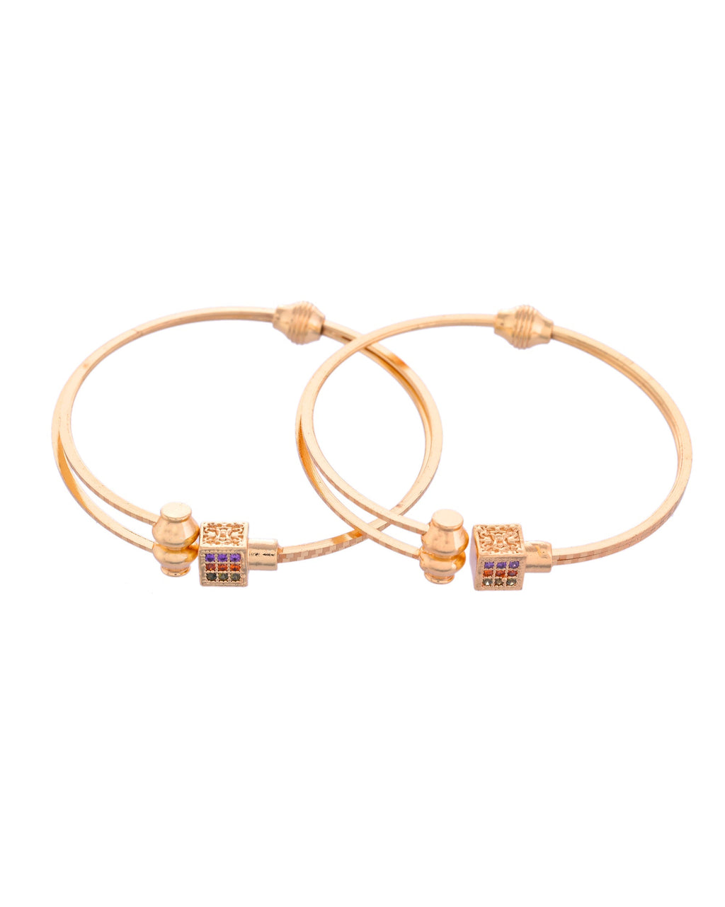VOJ Set of 2 Gold-Polished Mutli Colour Stones Studded Square Shaped Bangles