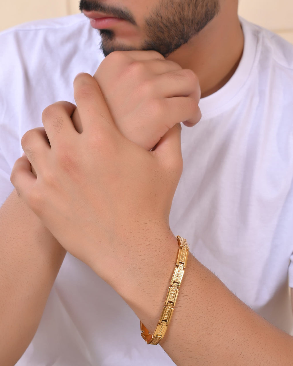 VOJ Men Gold Polished Textural Link Bracelet | Grab2Buy