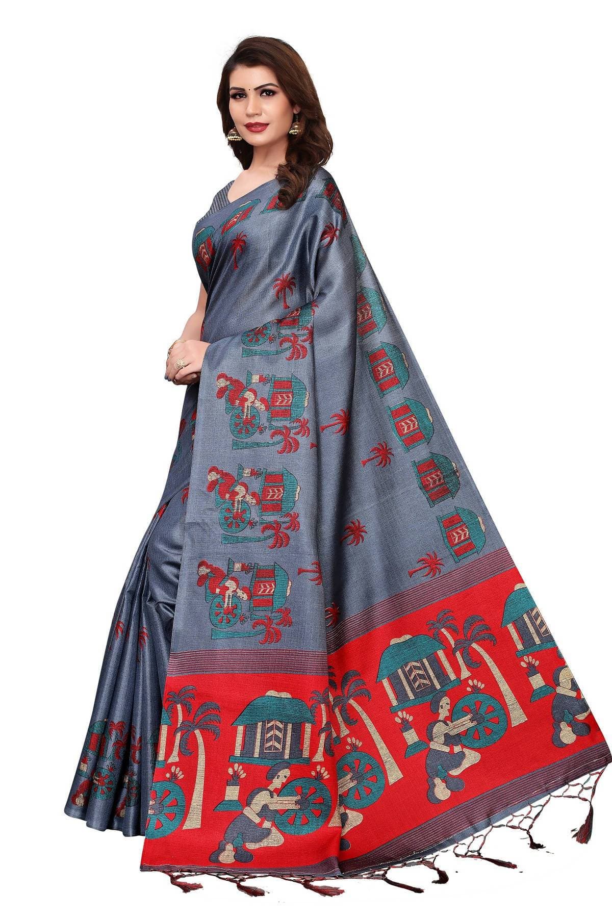 Vamika Grey Kalamkari With Jhalar Khadi Silk Saree | Grab2Buy