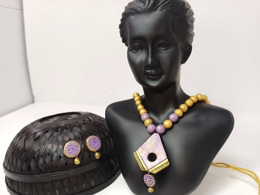 Terracotta Diamond Pendant Long Necklace Set With Studs-Lavender | Grab2Buy