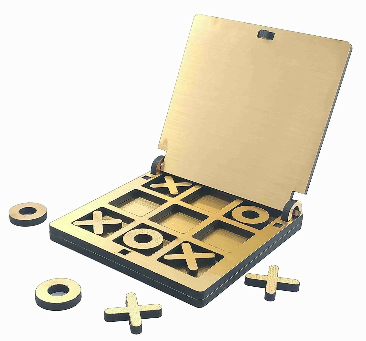 Kraftsman Wooden Tic Tac Toe Portable Game for Kids, Teens and Adults with Golden Mirror Shade Strategy & War Games Board Game | Grab2Buy
