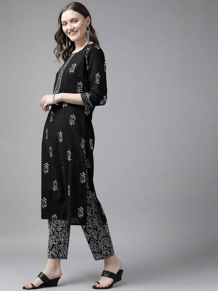 Yufta Women Black & White Ethnic Print Sequined Pure Cotton Kurta with Trouser and Dupatta | Grab2Buy
