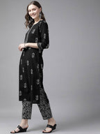 Yufta Women Black & White Ethnic Print Sequined Pure Cotton Kurta with Trouser and Dupatta | Grab2Buy