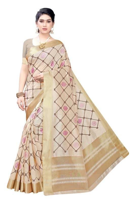 Vamika Weaving Cream Cotton Polyester Silk Saree (KERALA CHECKS) | Grab2Buy