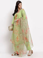 Myshka Women's Green Cotton Solid 3/4 Sleeve V Neck Casual Kurta Pant Dupatta Set | Grab2Buy