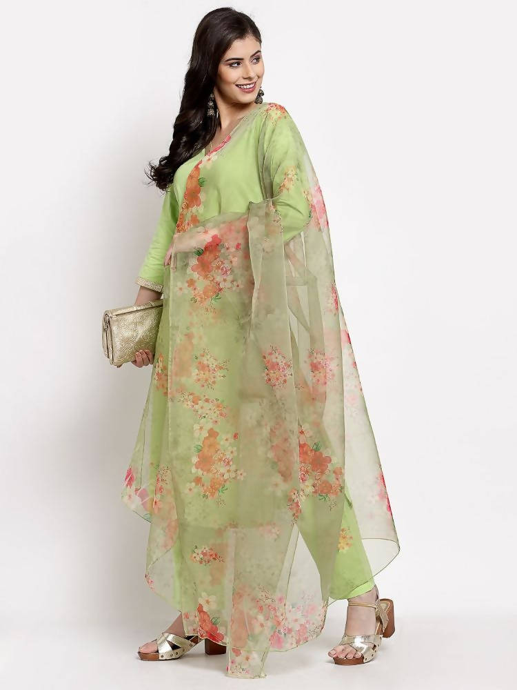 Myshka Women's Green Cotton Solid 3/4 Sleeve V Neck Casual Kurta Pant Dupatta Set | Grab2Buy