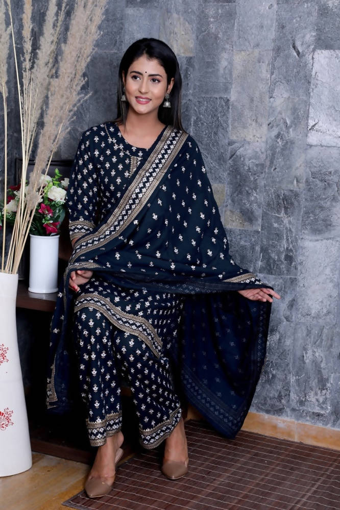 Vamika Navy Blue Gota Patti Work Rayon Party And Casual Wear Kurta Set | Grab2Buy