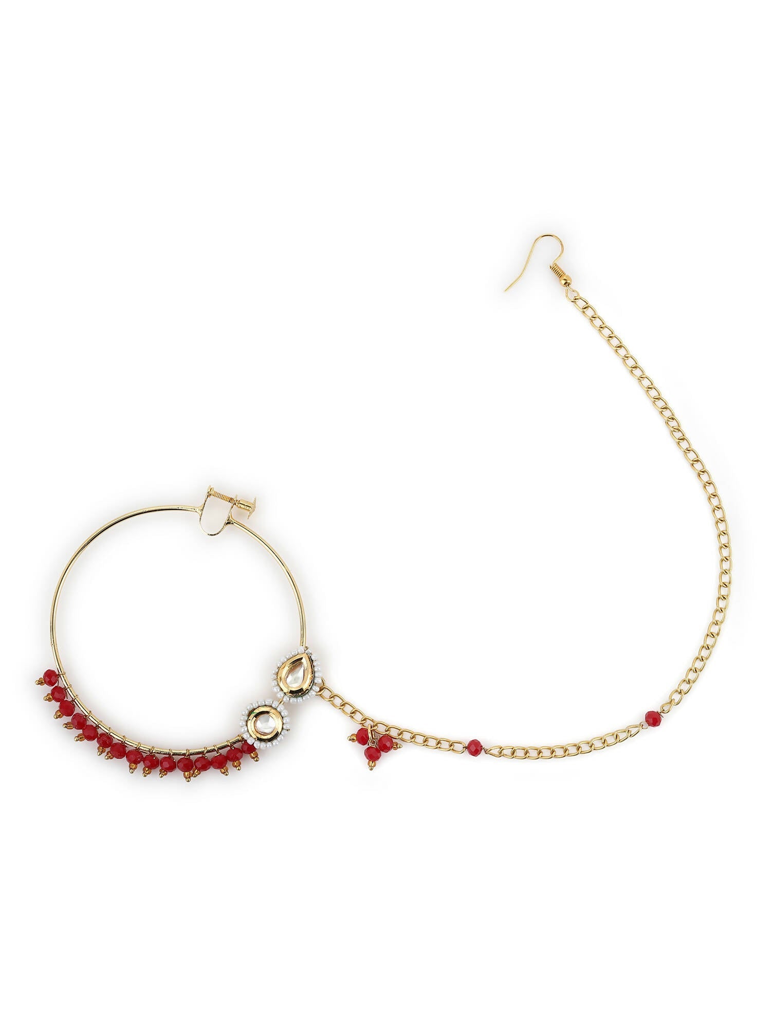 Gold-Polished White Red Kundan-Studded Pearl Beaded Nosepin - Ruby Raang | Grab2Buy