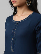 Yufta Women Navy Blue And Golden Pure Cotton Solid Kurta with Palazzo and Dupatta | Grab2Buy