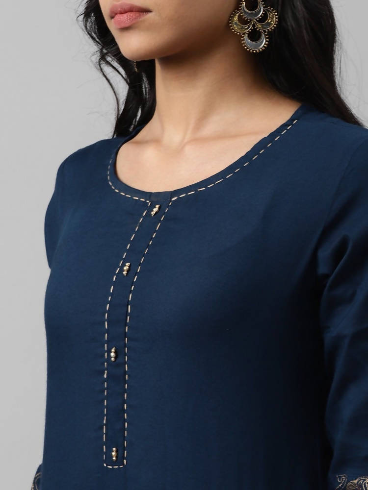 Yufta Women Navy Blue And Golden Pure Cotton Solid Kurta with Palazzo and Dupatta | Grab2Buy