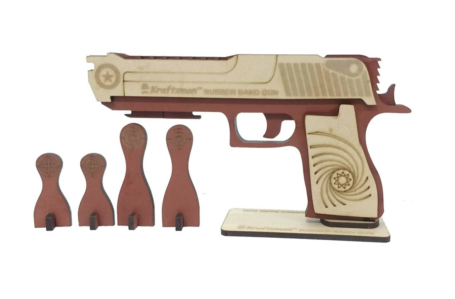 Kraftsman Kraftsman Semi-Automatic Wooden Rubber Band Shooting Gun Toys for Kids & Adults with Target | 5 Rapid Fire Shots (Dark Brown) | Grab2Buy