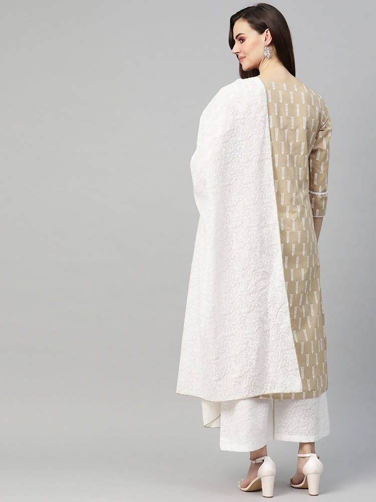 Yufta Women Beige & White Printed Kurta with Palazzo & Dupatta | Grab2Buy
