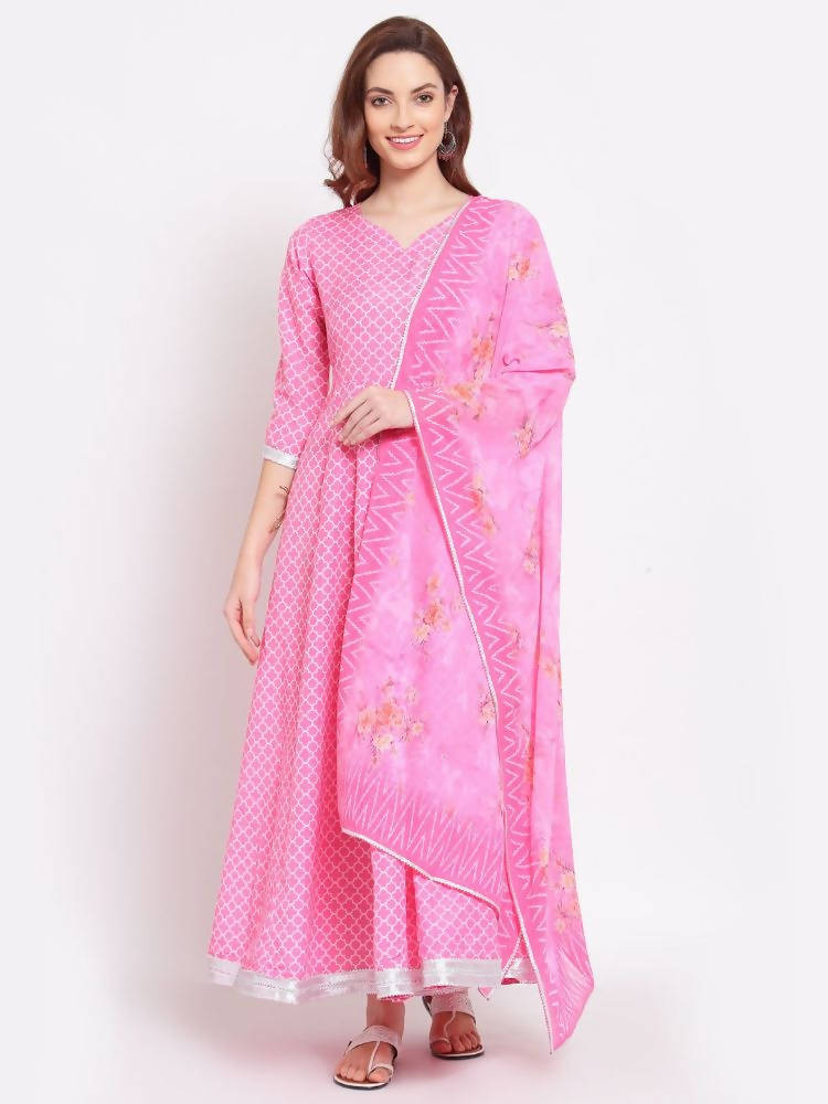 Indian Clothing Myshka Women's Pink Printed Cotton Blend 3/4 Sleeve V Neck Casual Anarkali Kurta Dupatta Set | Grab2Buy