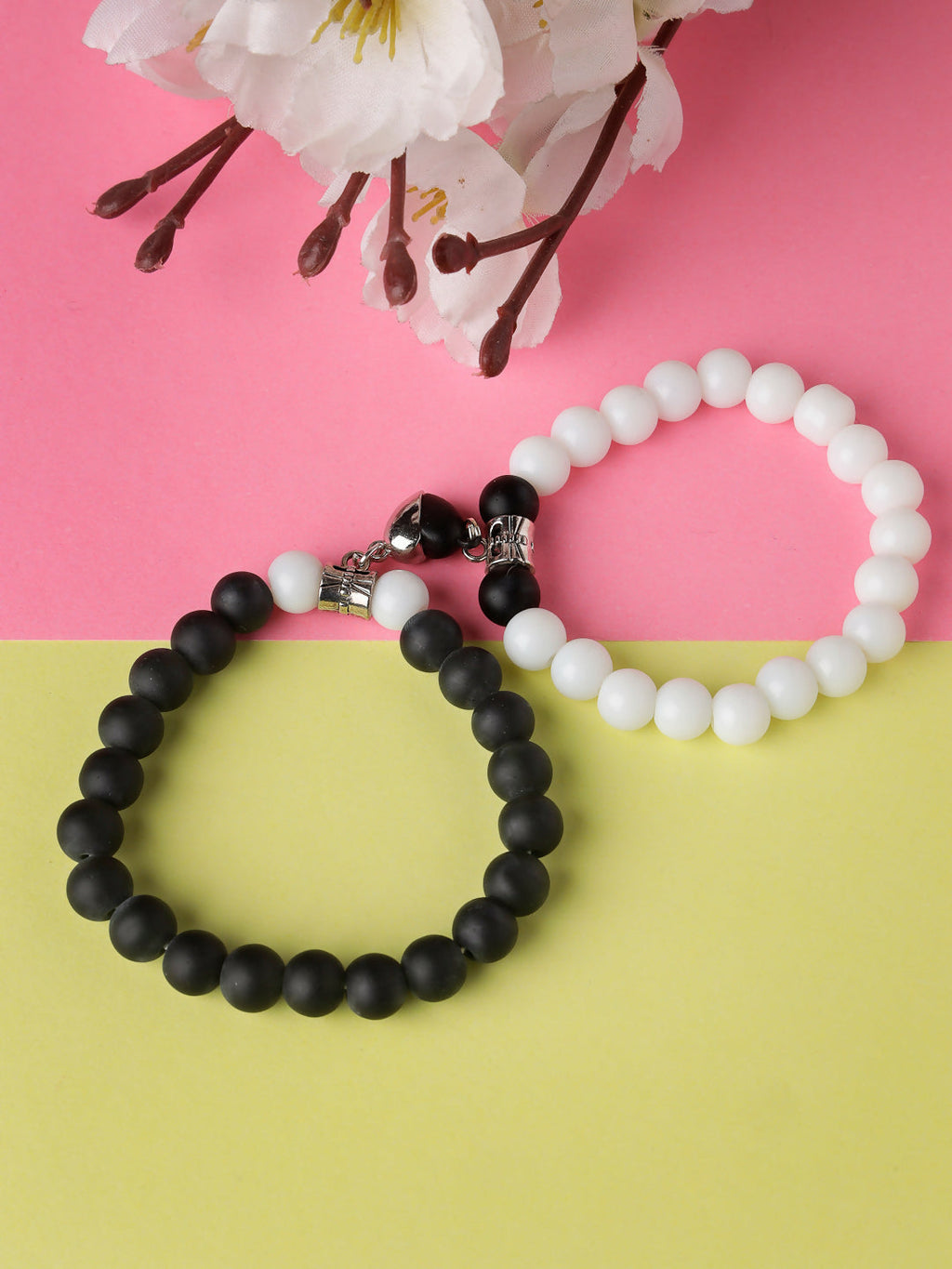 NVR Men & Women Set of 2 Black & White Onyx Handcrafted Elasticated Bracelet | Grab2Buy